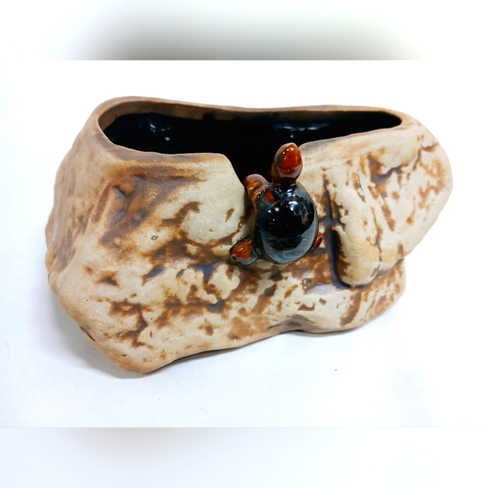 Ceramic Rock Shaped Planter with Turtle Embellishment.